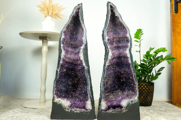 Rare Pair of Tall Amethyst Geode Cathedrals on Banded Agate, with Purple Galaxy Amethyst