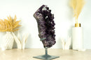 Tall AAA Amethyst Cluster with Large Deep Purple Amethyst Druzy on Stand