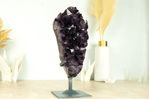 Tall AAA Amethyst Cluster with Large Deep Purple Amethyst Druzy on Stand