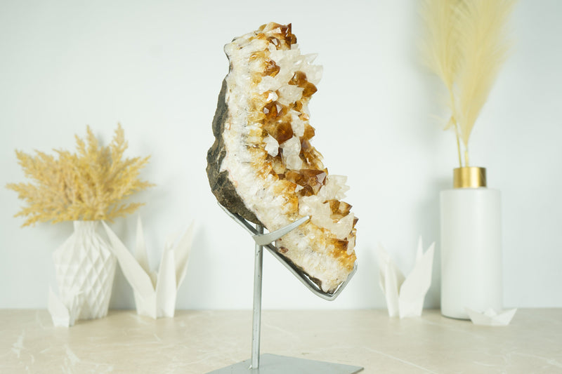 Tall 16.5 In Deep Orange Citrine Cluster with Calcite Formations on Stand