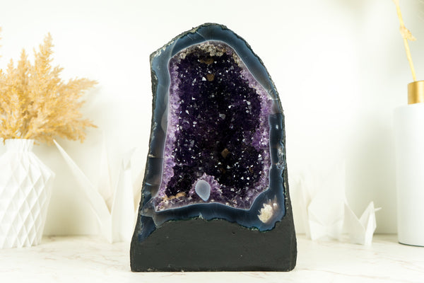 Dunkelviolette Amethyst-Geode mit Spitzenachat und AAA-Traubengelee-Amethyst-Druzy