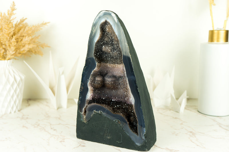 Rare Galaxy Amethyst Geode on Lace Agate Cathedral with Bands Horizontal Banded Laces