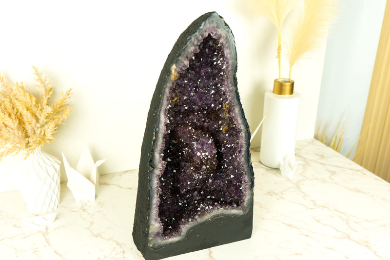 Amethyst Geode Cathedral with Rare Large Golden Goethite Rosette Flower