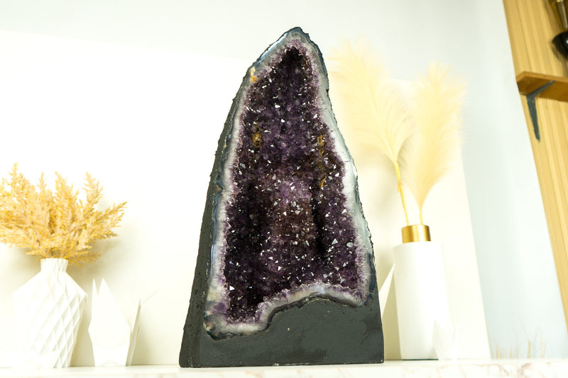 Amethyst Geode Cathedral with Rare Large Golden Goethite Rosette Flower