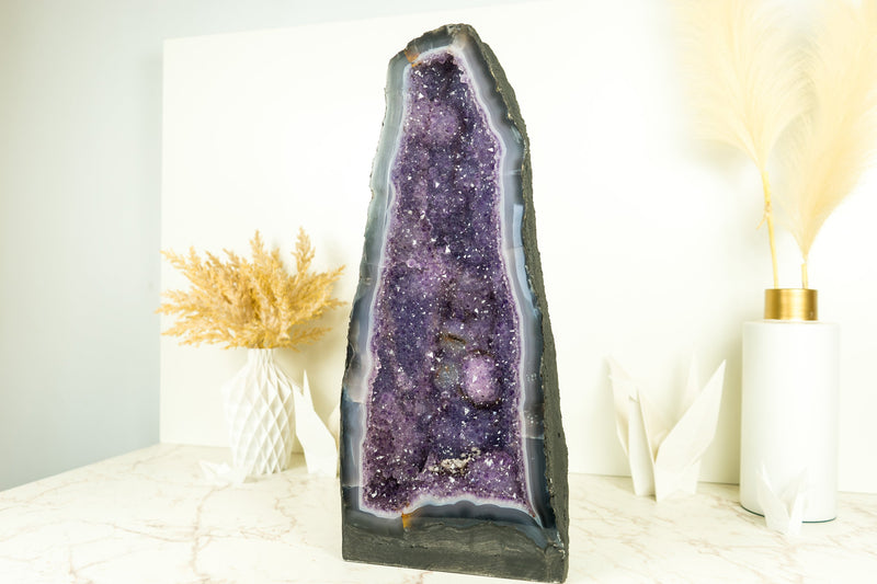 Tall Lace Agate Geode Cathedral with Lavender Purple Galaxy Amethyst and Flower Rosette