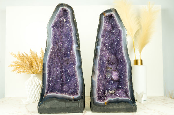 Pair of Tall Lace Agate Geodes with Lavender Purple Galaxy Amethyst and Flower Rosette