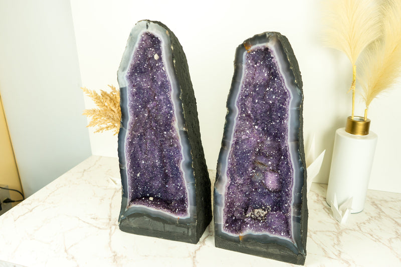 Pair of Tall Lace Agate Geodes with Lavender Purple Galaxy Amethyst and Flower Rosette