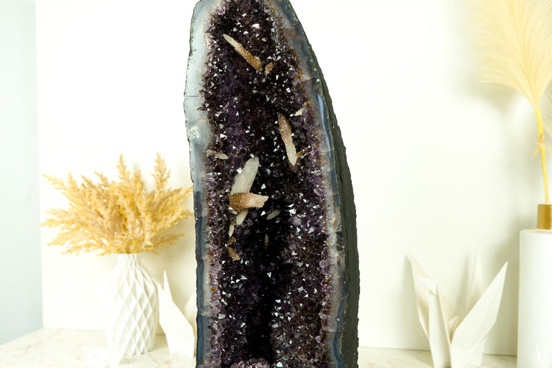 Rare Amethyst Geode Cathedral with AAA Calcite Formations, Deep Purple Amethyst Druzy, and Golden Goethite