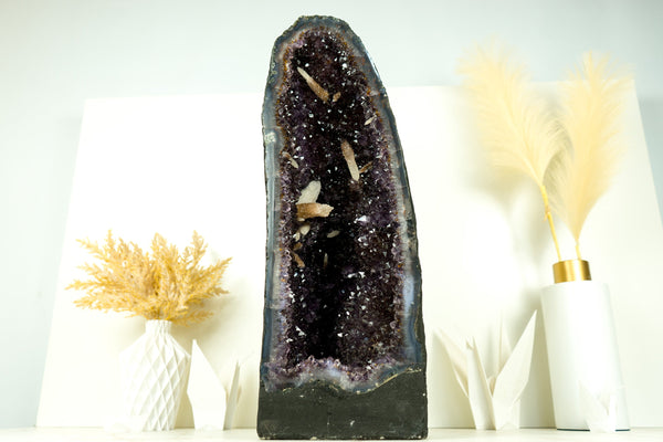 Rare Amethyst Geode Cathedral with AAA Calcite Formations, Deep Purple Amethyst Druzy, and Golden Goethite