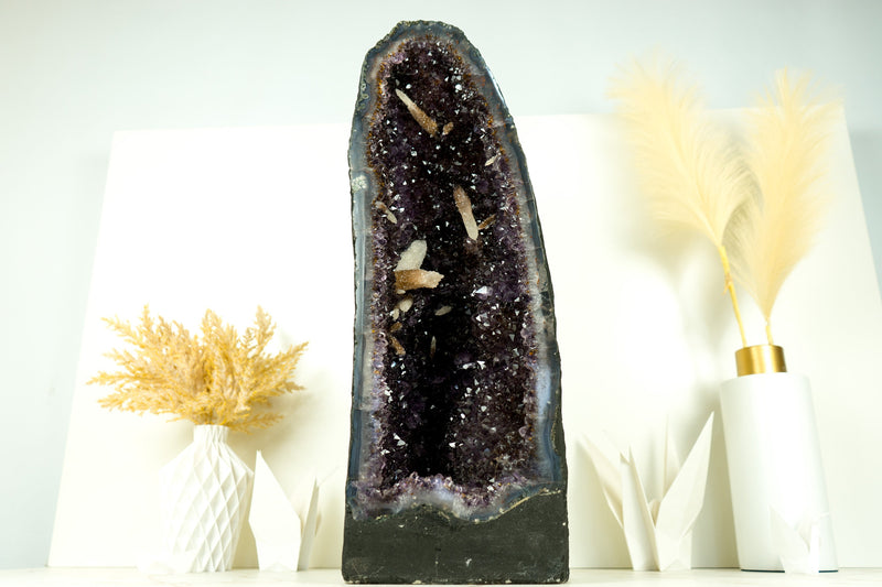 Rare Amethyst Geode Cathedral with AAA Calcite Formations, Deep Purple Amethyst Druzy, and Golden Goethite