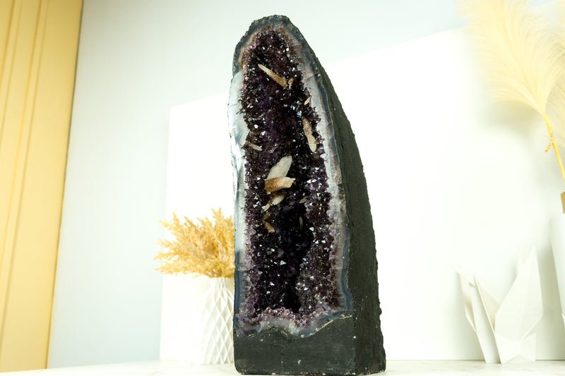 Rare Amethyst Geode Cathedral with AAA Calcite Formations, Deep Purple Amethyst Druzy, and Golden Goethite