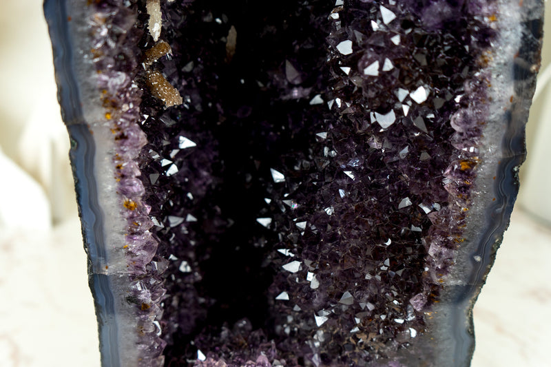 Rare Amethyst Geode Cathedral with AAA Calcite Formations, Deep Purple Amethyst Druzy, and Golden Goethite