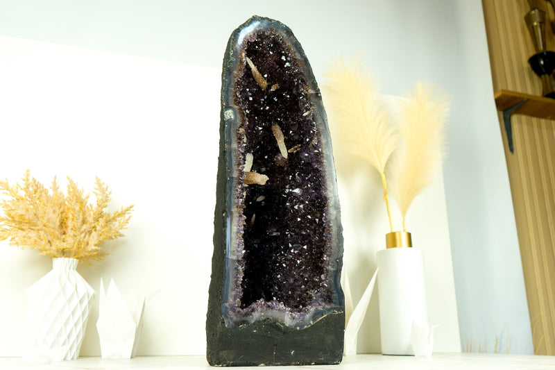 Rare Amethyst Geode Cathedral with AAA Calcite Formations, Deep Purple Amethyst Druzy, and Golden Goethite
