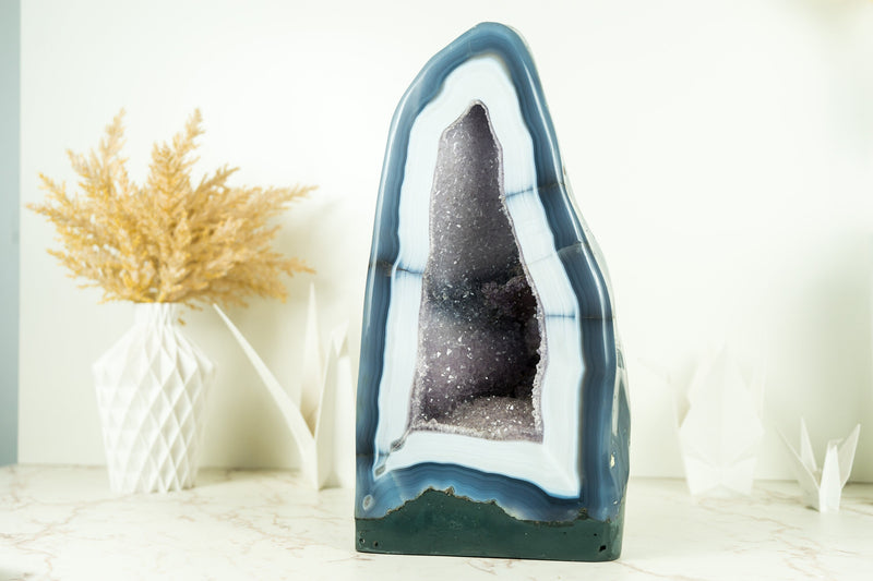 Exceptional White Lace Agate Geode with Galaxy Amethyst Druzy