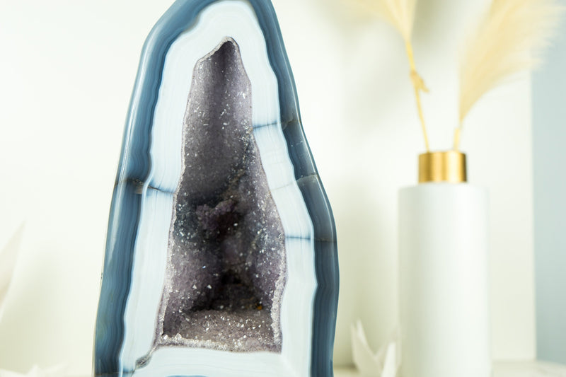 Exceptional White Lace Agate Geode with Galaxy Amethyst Druzy