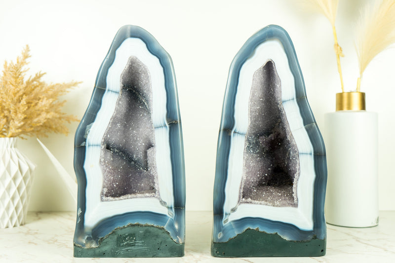 Pair of Rare White Lace Agate Geodes with Galaxy Amethyst Druzy and Polished Back