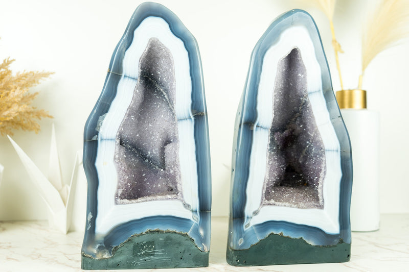 Pair of Rare White Lace Agate Geodes with Galaxy Amethyst Druzy and Polished Back