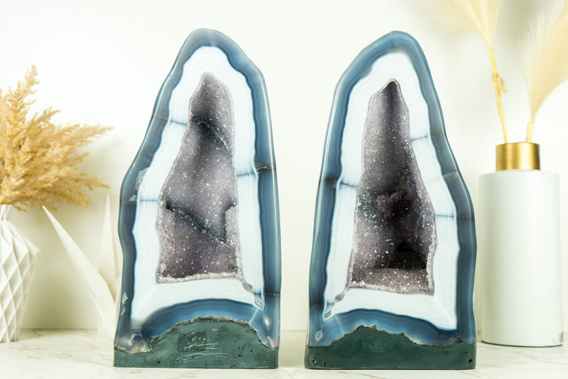 Pair of Rare White Lace Agate Geodes with Galaxy Amethyst Druzy and Polished Back