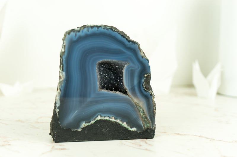 Small Natural Dark Blue Lace Agate Geode with Blue Agate Bands, Ethically Sourced