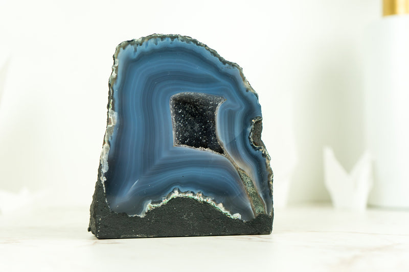 Small Natural Dark Blue Lace Agate Geode with Blue Agate Bands, Ethically Sourced