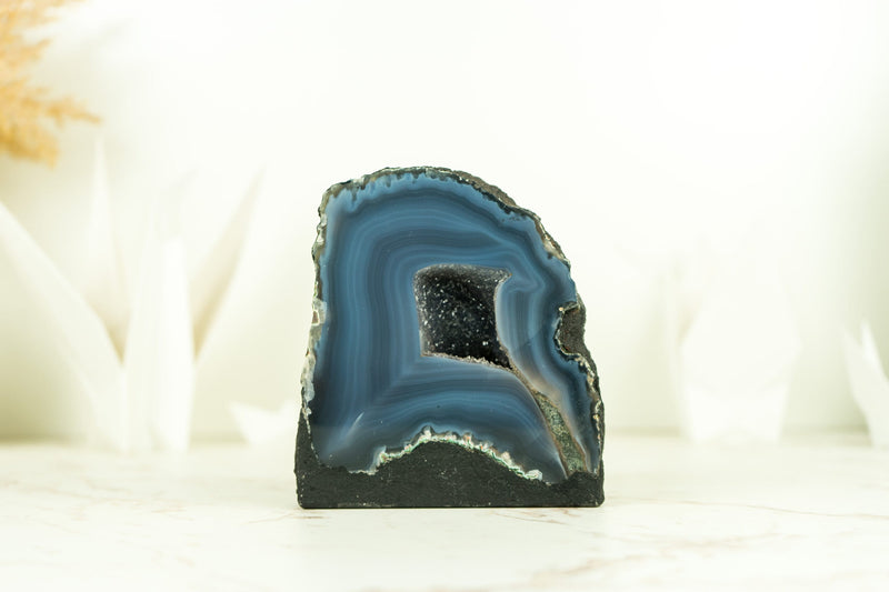 Small Natural Dark Blue Lace Agate Geode with Blue Agate Bands, Ethically Sourced