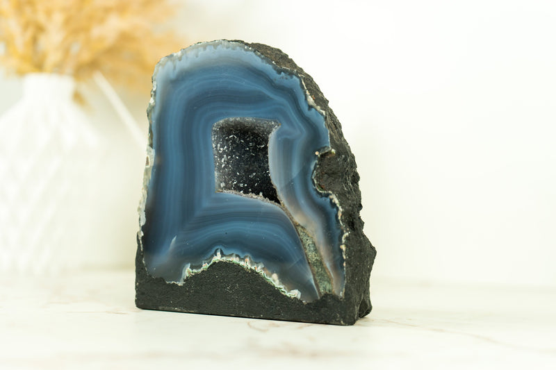 Small Natural Dark Blue Lace Agate Geode with Blue Agate Bands, Ethically Sourced