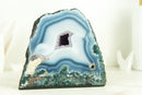 Small White and Blue Lace Agate Geode with Gorgeous Lines and Moss Agate Inclusions