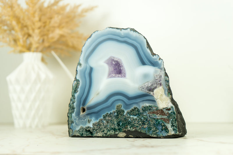 Pair of Small, Natural White and Blue Lace Agate Geodes with Moss Agate Inclusions
