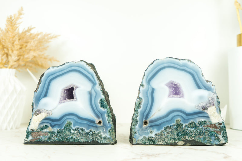 Pair of Small, Natural White and Blue Lace Agate Geodes with Moss Agate Inclusions