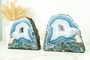 Pair of Small, Natural White and Blue Lace Agate Geodes with Moss Agate Inclusions