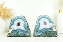 Pair of Small, Natural White and Blue Lace Agate Geodes with Moss Agate Inclusions