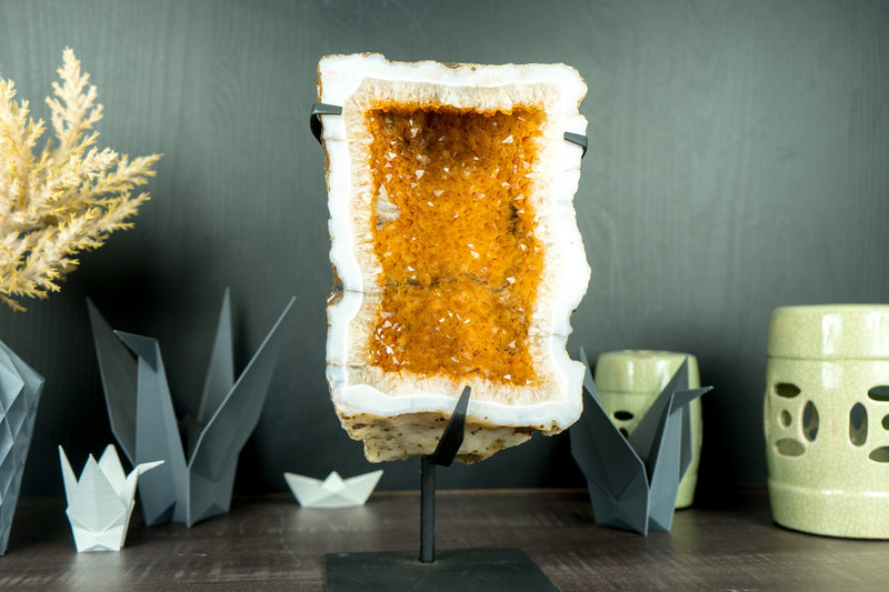 Orange Citrine Crystal Geode with Rare Squared Formation and White Agate Matrix