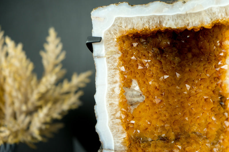 Orange Citrine Crystal Geode with Rare Squared Formation and White Agate Matrix