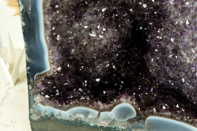 Large Banded Agate with Amethyst Geode Cave with Goethite, Flower Rosettes