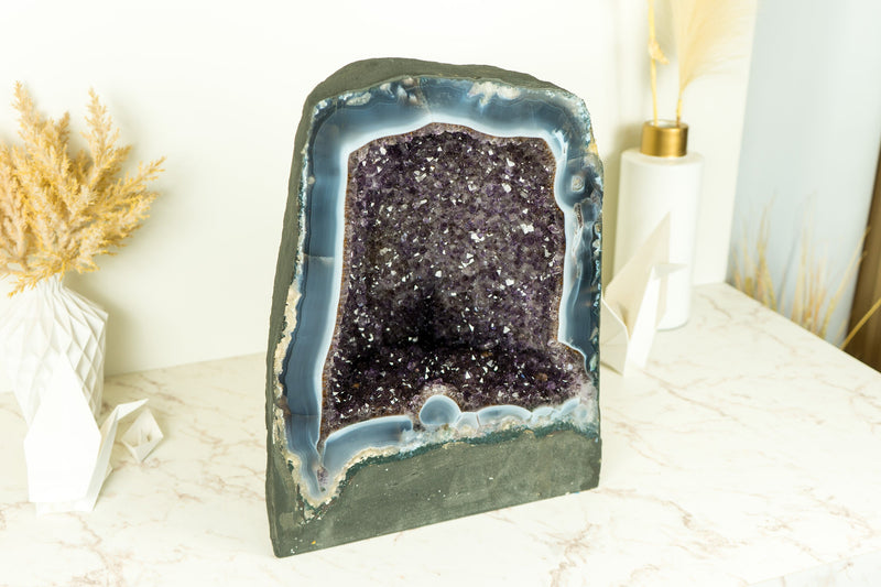 Large Banded Agate with Amethyst Geode Cave with Flower Rosettes, Goethite Needles and Lavender Purple Amethyst