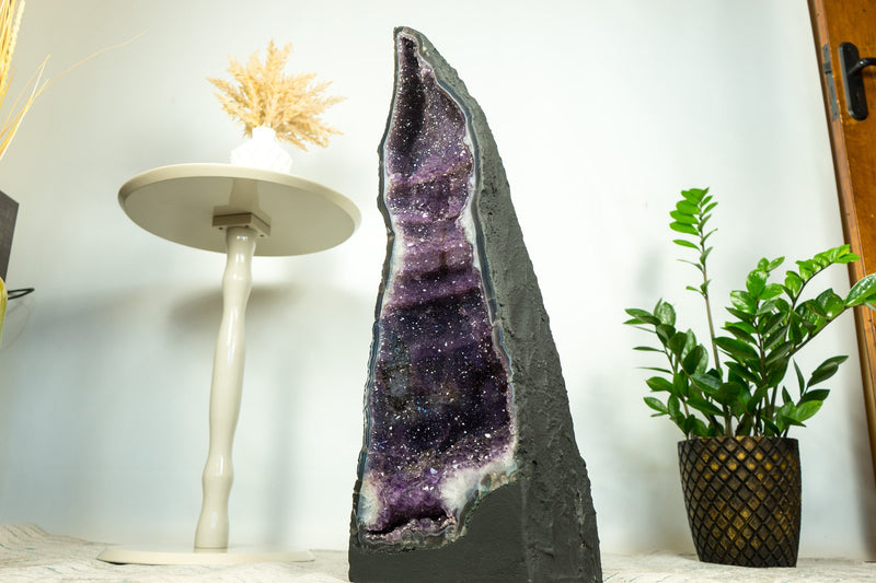 Rare Pair of Tall Amethyst Geode Cathedrals on Banded Agate, with Purple Galaxy Amethyst