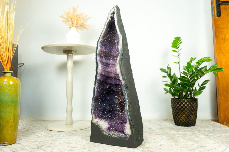 Rare Pair of Tall Amethyst Geode Cathedrals on Banded Agate, with Purple Galaxy Amethyst
