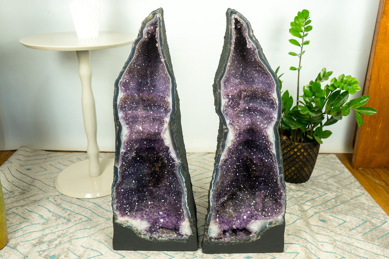 Rare Pair of Tall Amethyst Geode Cathedrals on Banded Agate, with Purple Galaxy Amethyst