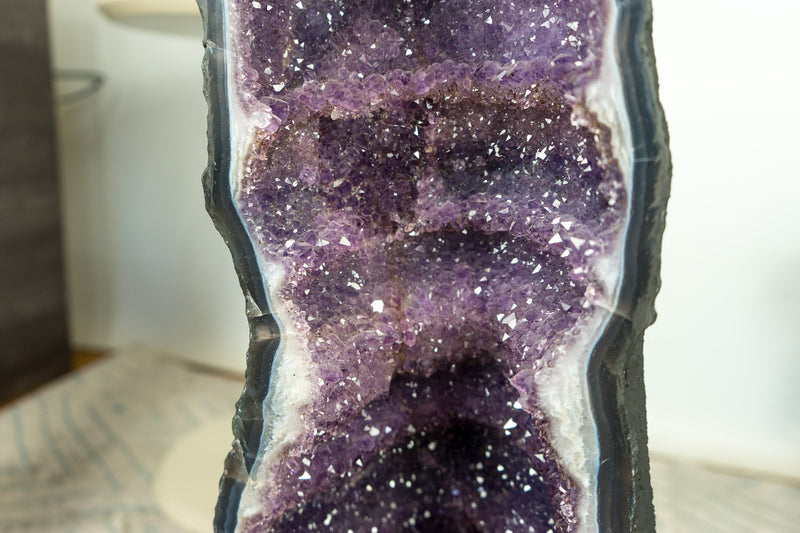 Rare Pair of Tall Amethyst Geode Cathedrals on Banded Agate, with Purple Galaxy Amethyst