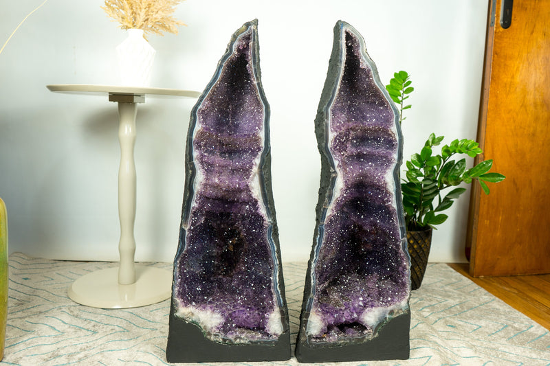 Rare Pair of Tall Amethyst Geode Cathedrals on Banded Agate, with Purple Galaxy Amethyst