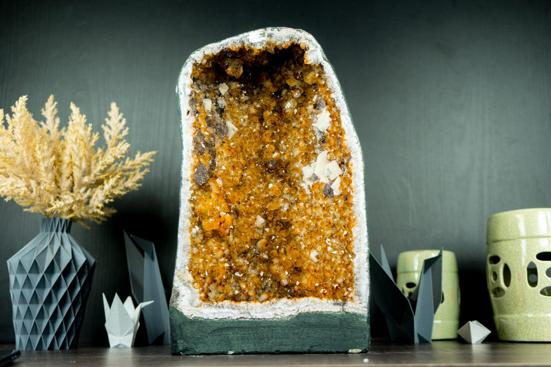 Gorgeous Citrine Crystal Geode with Flowers, Calcite, and Galaxy Druzy