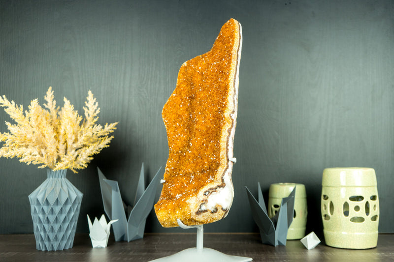 Gorgeous Tall Orange Citrine Cluster with Orange Galaxy Citrine Druzy on Stand - 20 In, 12.3 Lb - E2D Crystals & Minerals
