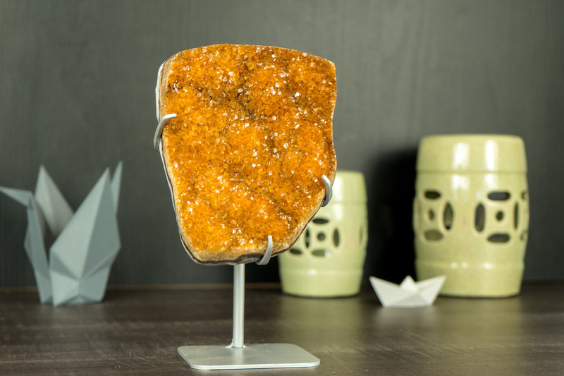 Rare Orange Citrine Cluster with Rosette Flowers (Stalactite) and Galaxy Druzy