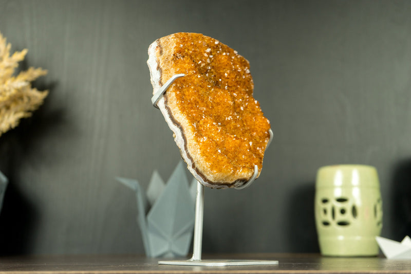 Rare Orange Citrine Cluster with Rosette Flowers (Stalactite) and Galaxy Druzy