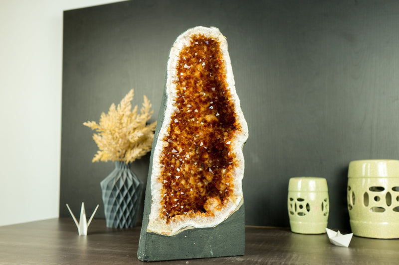 Rare Citrine Geode Cathedral with AAA Dark Citrine Druzy and Flower Rosette Stalactites