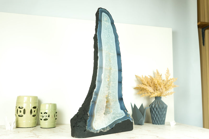 24 In Tall Blue Lace Agate Geode Cathedral with Banded Agate and Amethyst, Large 46 Lb