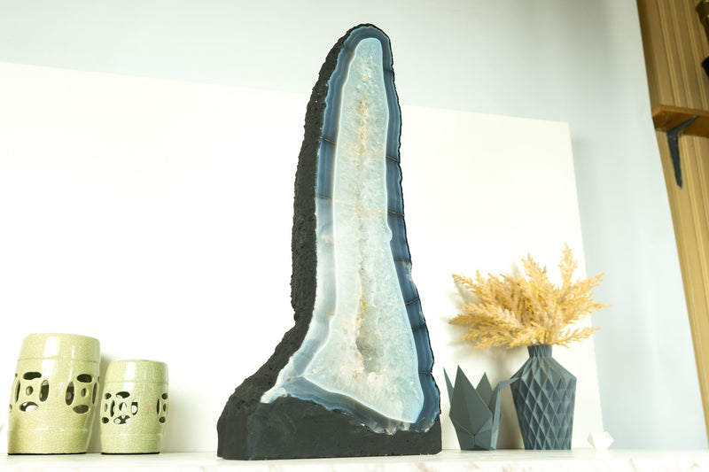 Tall Blue Lace Agate Geode Cathedral with Banded Agate and Clear Amethyst