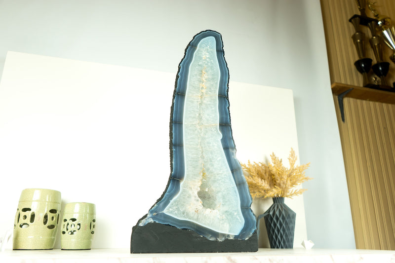 Tall Blue Lace Agate Geode Cathedral with Banded Agate and Clear Amethyst