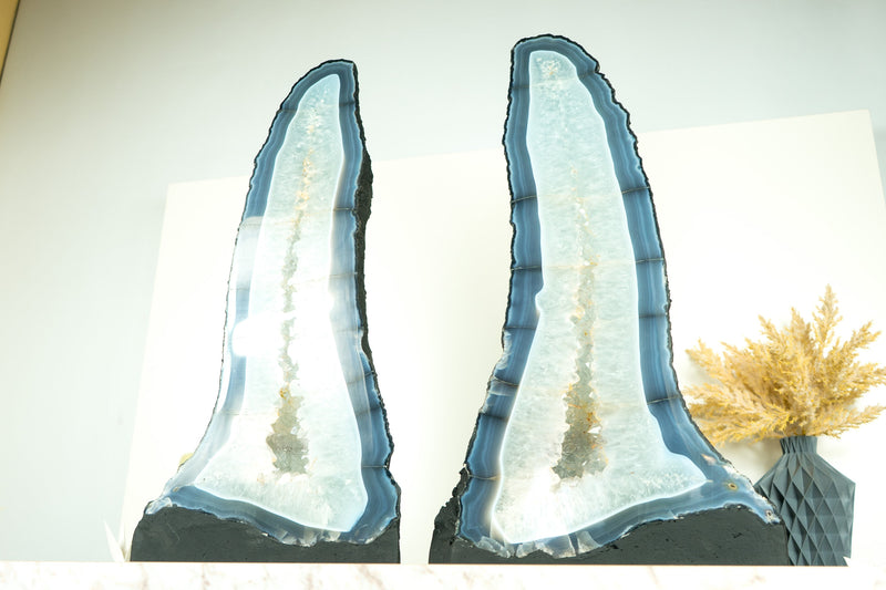 Pair of Tall Blue Lace Agate Geode Cathedrals with Banded Agate and Amethyst Crystal