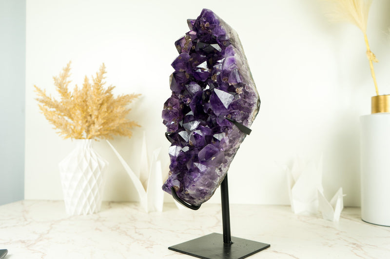 Tall Amethyst Cluster with AAA Large Purple Amethyst Druzy and Golden Goethite